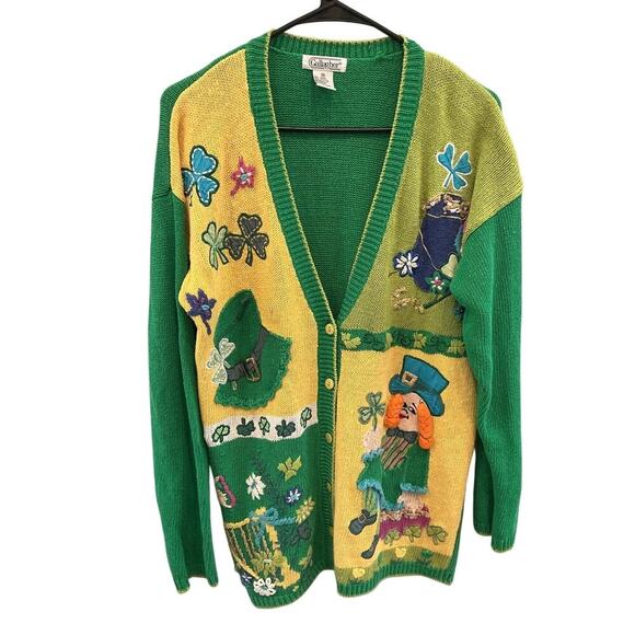 Vintage Gallagher Womens Novelty Cardigan Sweater Green St. Patrick's Day Luck M - Picture 1 of 12